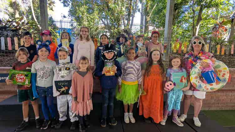 Students dressed up in book parade costumes