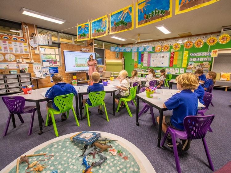 Bright and colourful classroom where students are learning
